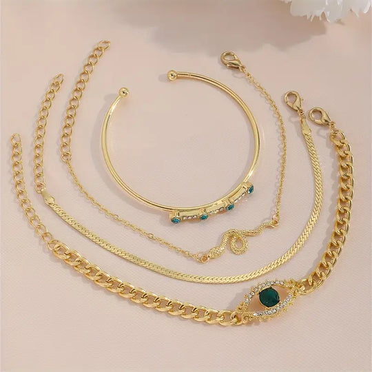 Gold Emerald Charm Bracelet Set