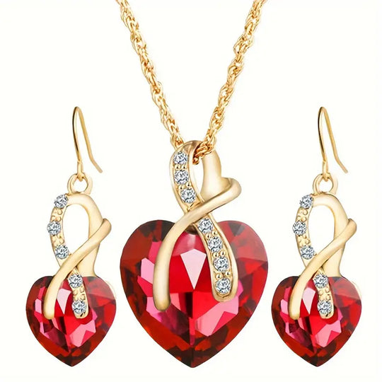 Gold Ruby Twisted Heart Jewelry Set